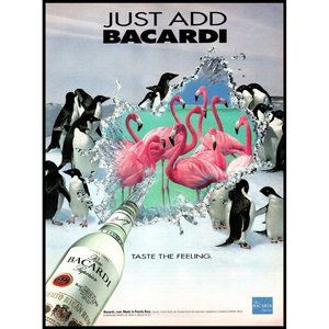 1994 Bacardi Rum Taste the Feeling Vintage Print Ad Ocean Flamingos Penguins Art